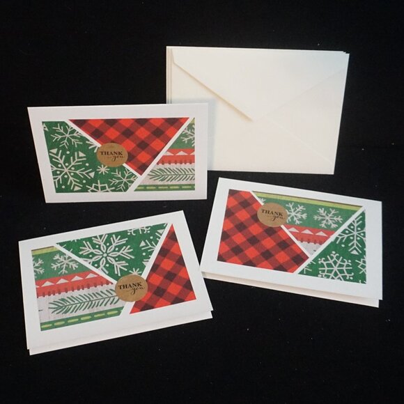 3 Country Lodge Winter Print Handmade Thank You Cards Horizonal Patch Work - Picture 1 of 5